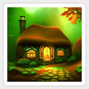 Fantasy Green House In a Greenery Scene, Fantasy Cottagecore artwork Sticker